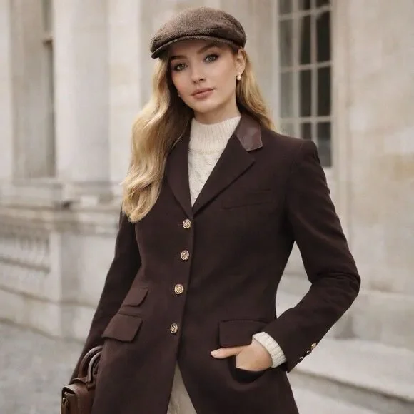 Lauren Ralph Lauren Brown Wool Leather Collar Horse Buttons Equestrian Blazer - Picture 7 of 14